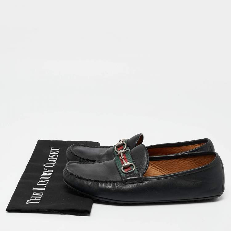 Pre Owned Gucci Black Leather Web Horsebit Loafers Size 42