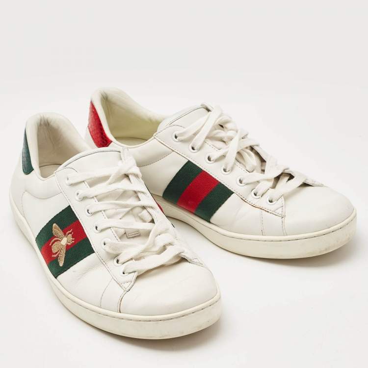Pre Owned Gucci White Leather Embroidered Bee Ace Sneakers Size 43