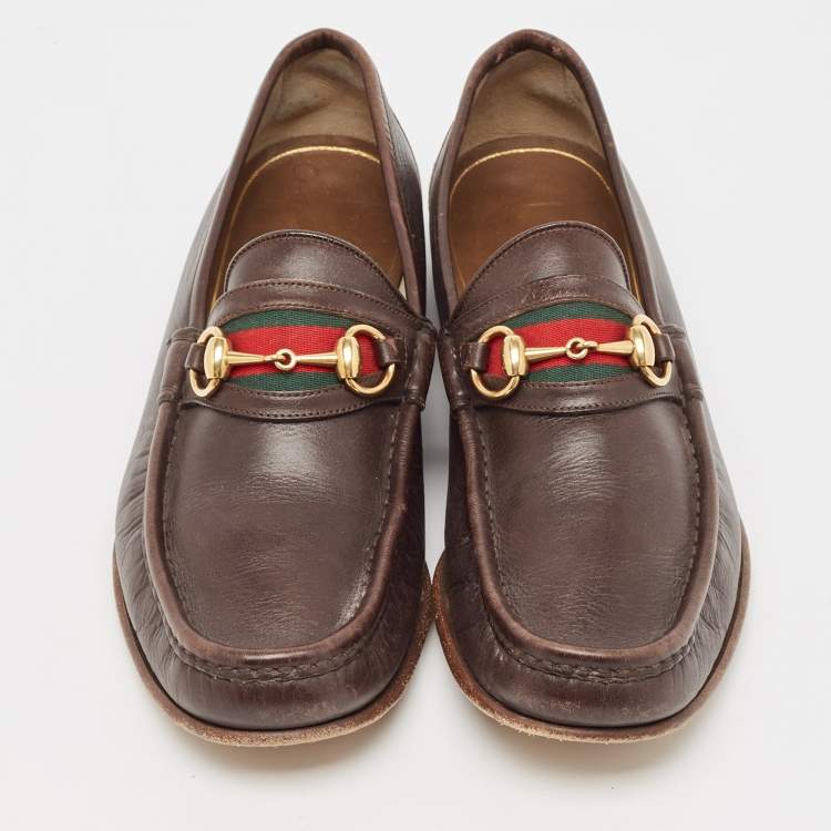 Pre Owned Gucci Brown Leather Web Slip On Loafers Size 43