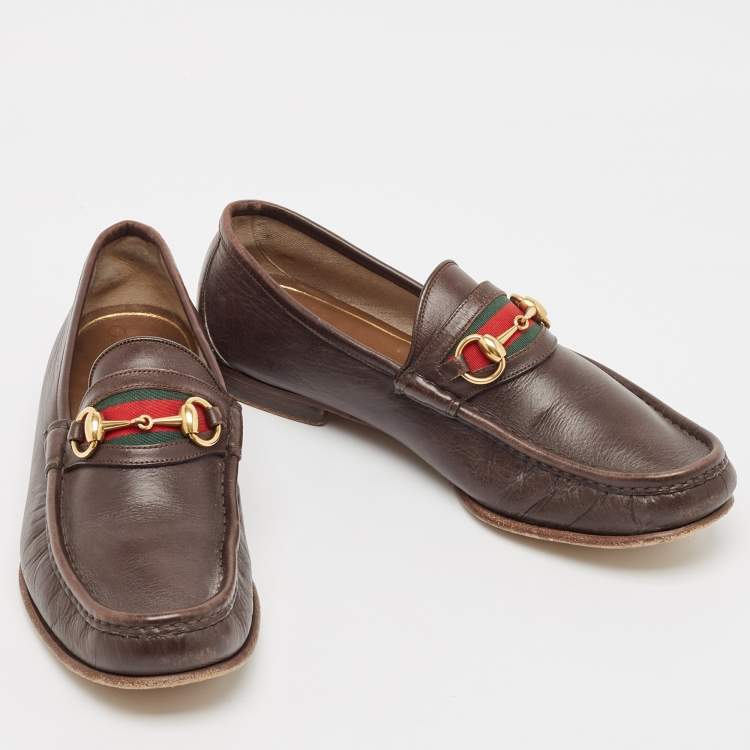 Pre Owned Gucci Brown Leather Web Slip On Loafers Size 43