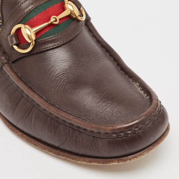 Pre Owned Gucci Brown Leather Web Slip On Loafers Size 43