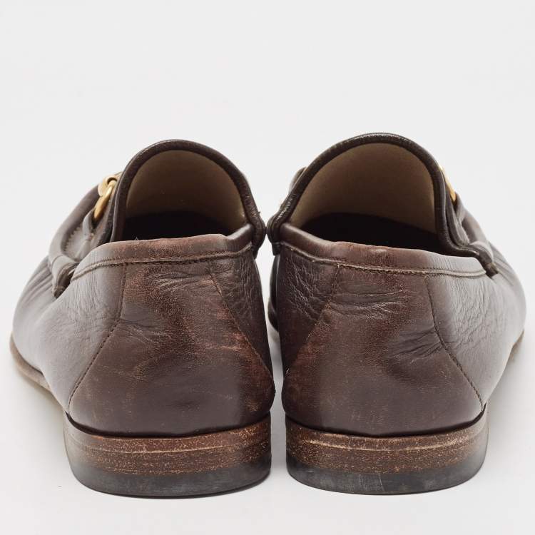 Pre Owned Gucci Brown Leather Web Slip On Loafers Size 43