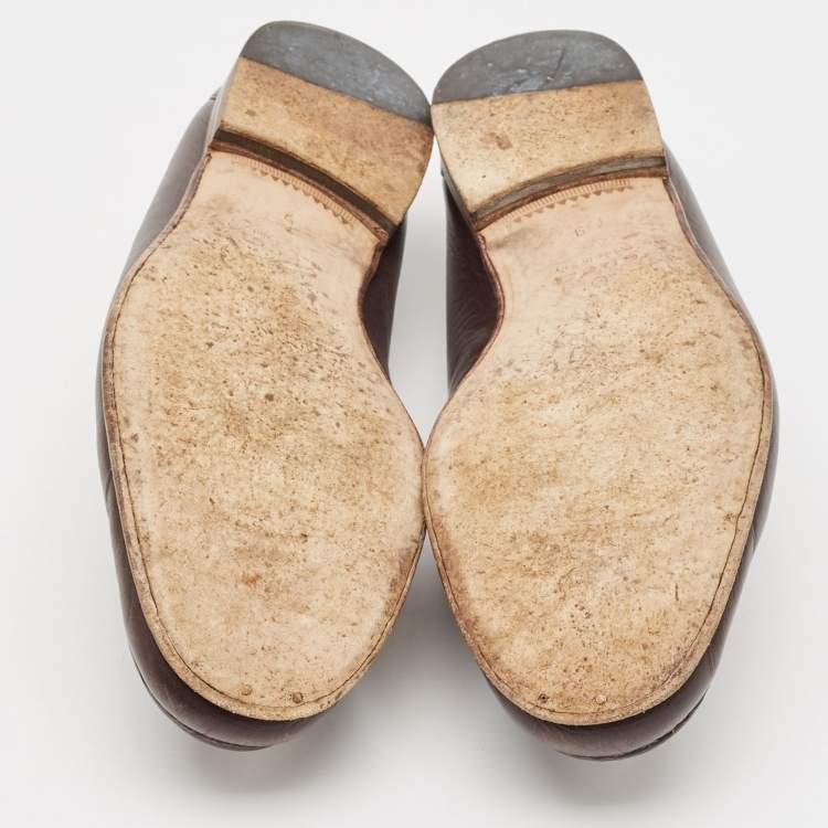 Pre Owned Gucci Brown Leather Web Slip On Loafers Size 43