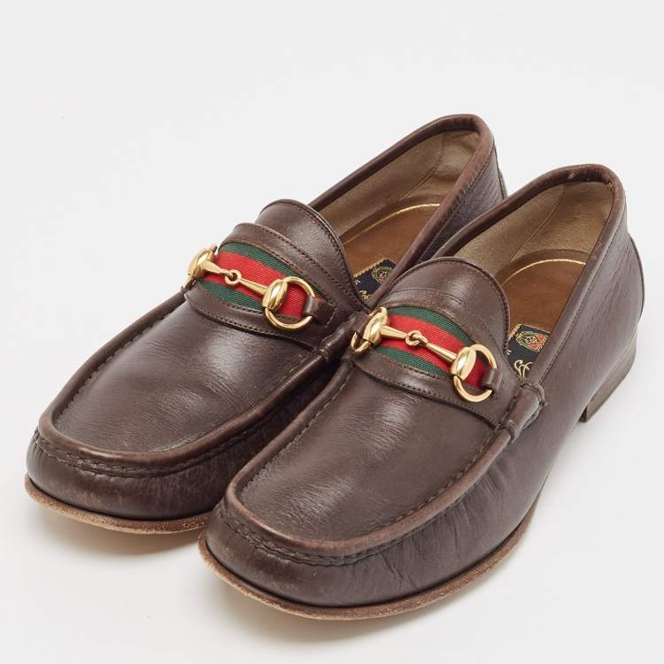 Pre Owned Gucci Brown Leather Web Slip On Loafers Size 43