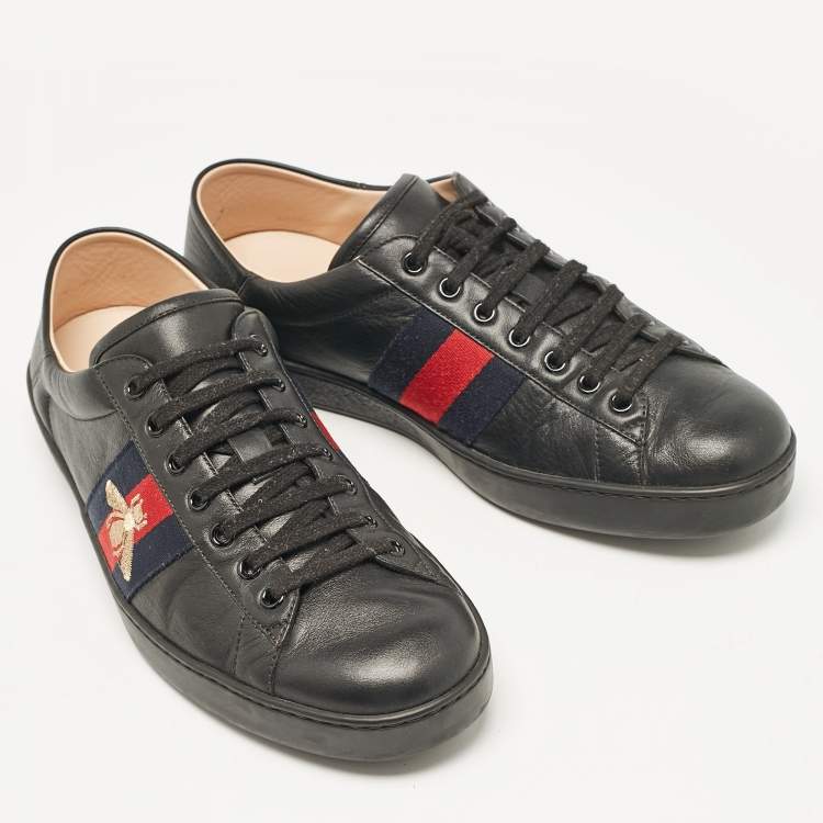 Pre Owned Gucci Black Leather Ace Bee Web Lace Up Sneakers Size 43