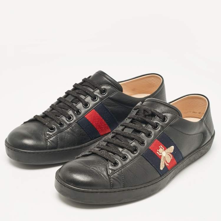 Pre Owned Gucci Black Leather Ace Bee Web Lace Up Sneakers Size 43