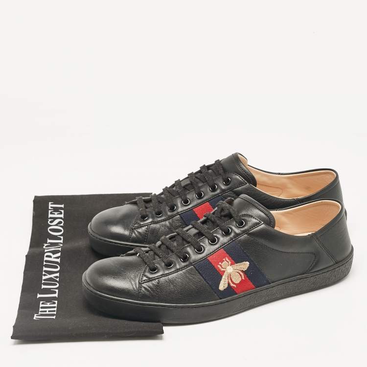 Pre Owned Gucci Black Leather Ace Bee Web Lace Up Sneakers Size 43