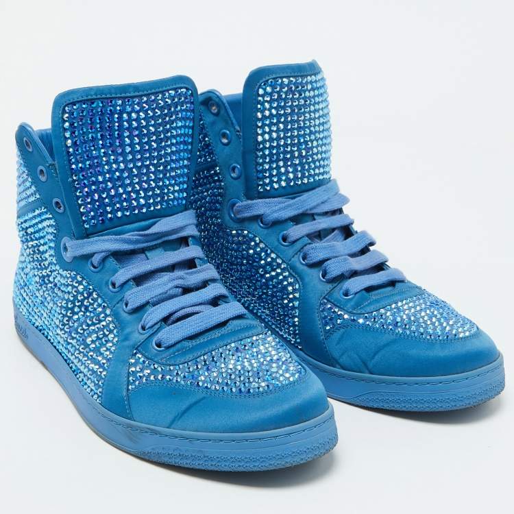 مملوكة مسبقًا Gucci Blue Satin Coda Crystal Embellished High Top Sneakers Size 42