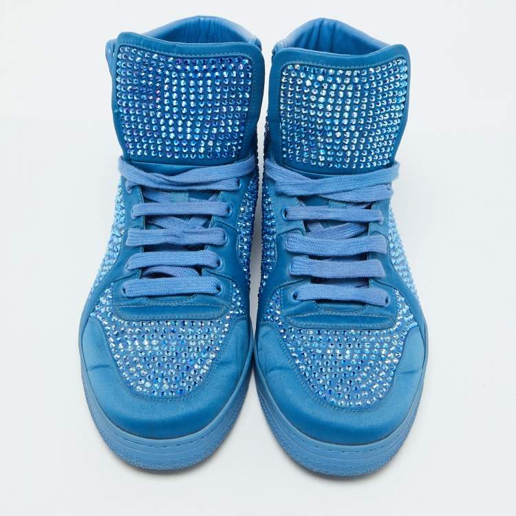 مملوكة مسبقًا Gucci Blue Satin Coda Crystal Embellished High Top Sneakers Size 42