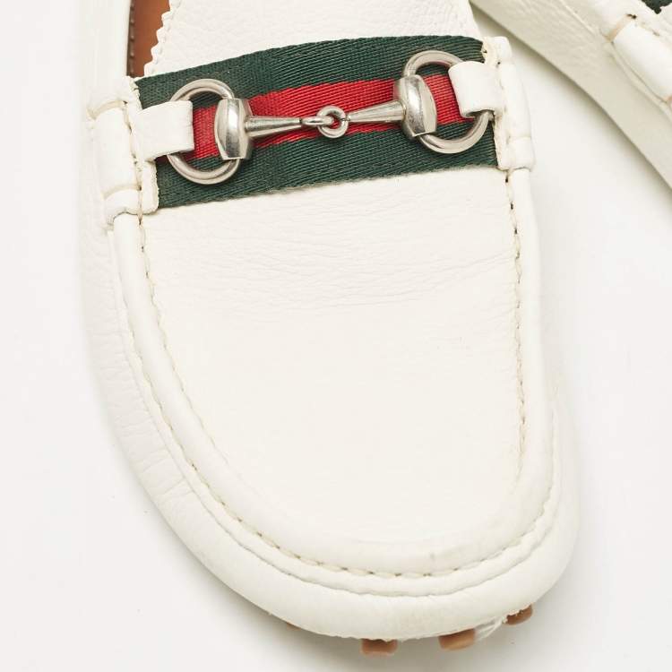 Pre Owned Gucci White Leather Web Slip On Loafers Size 41