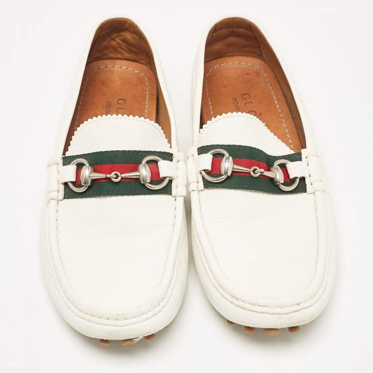 Pre Owned Gucci White Leather Web Slip On Loafers Size 41