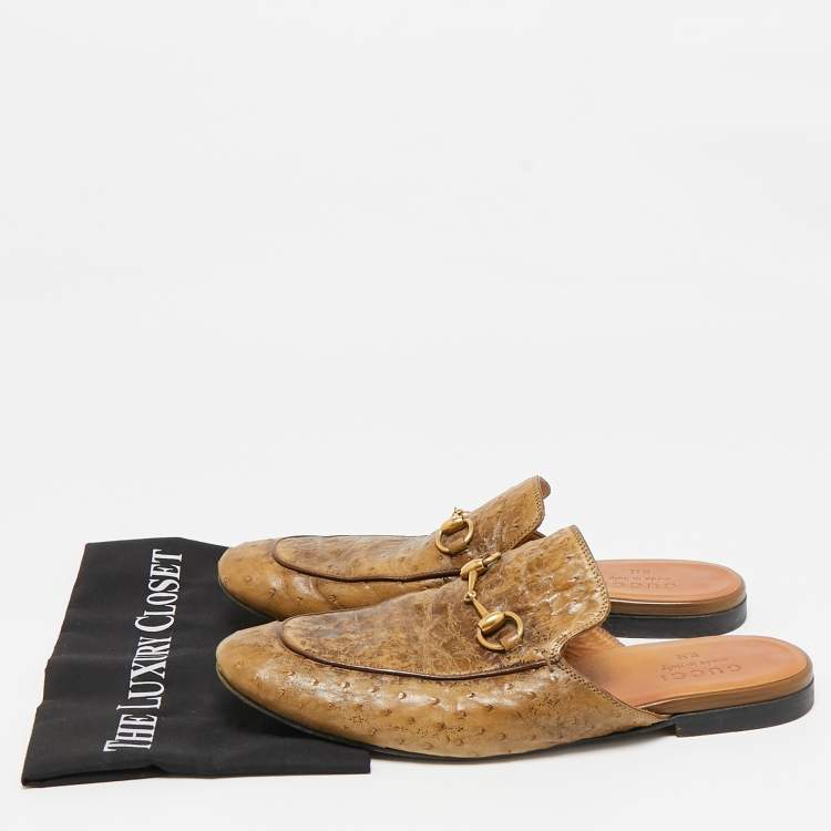 Pre Owned Gucci Brown Ostrich Leather Princetown Mules Size 43.5