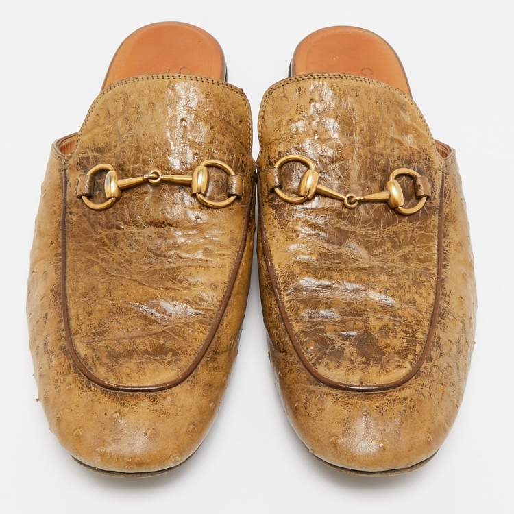 Pre Owned Gucci Brown Ostrich Leather Princetown Mules Size 43.5