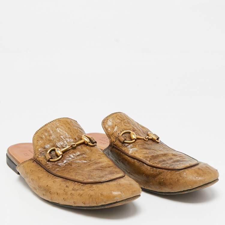 Pre Owned Gucci Brown Ostrich Leather Princetown Mules Size 43.5