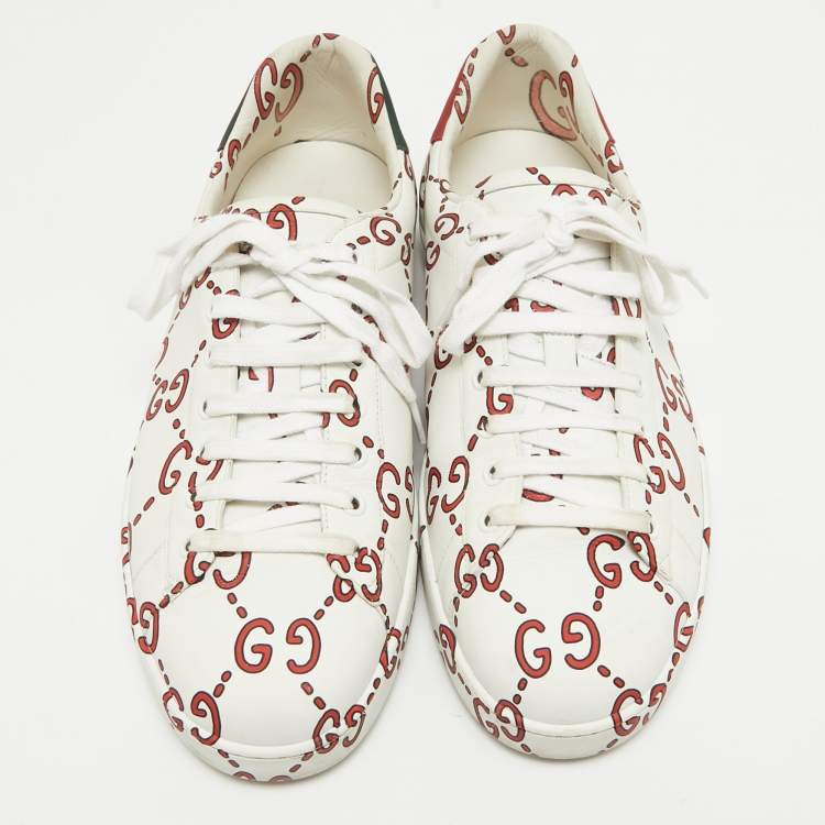 Pre Owned Gucci White/Red Leather GG Ghost Ace Sneakers Size 44.5