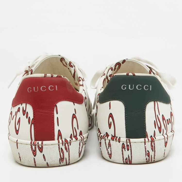 Pre Owned Gucci White/Red Leather GG Ghost Ace Sneakers Size 44.5