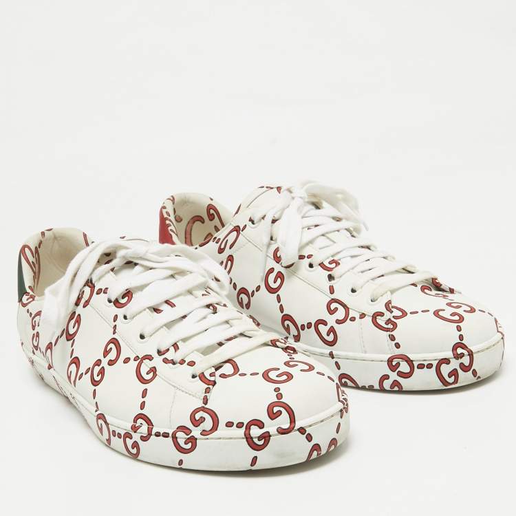 Pre Owned Gucci White/Red Leather GG Ghost Ace Sneakers Size 44.5