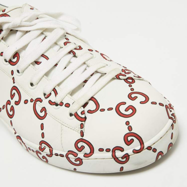 Pre Owned Gucci White/Red Leather GG Ghost Ace Sneakers Size 44.5