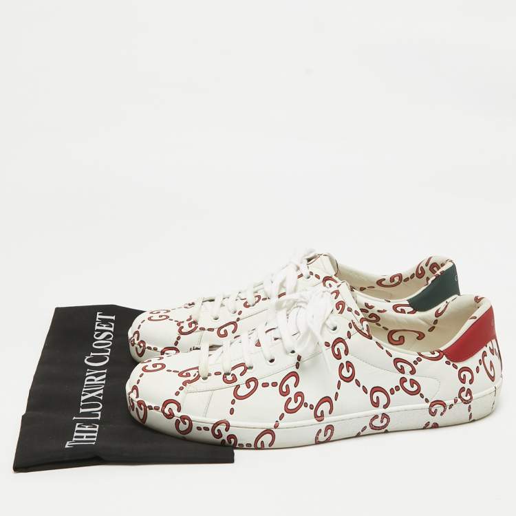 Pre Owned Gucci White/Red Leather GG Ghost Ace Sneakers Size 44.5