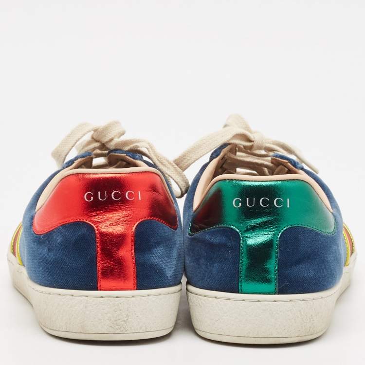 Pre Owned Gucci Blue Velvet And Leather Web Detail Ace Sneakers Size 44