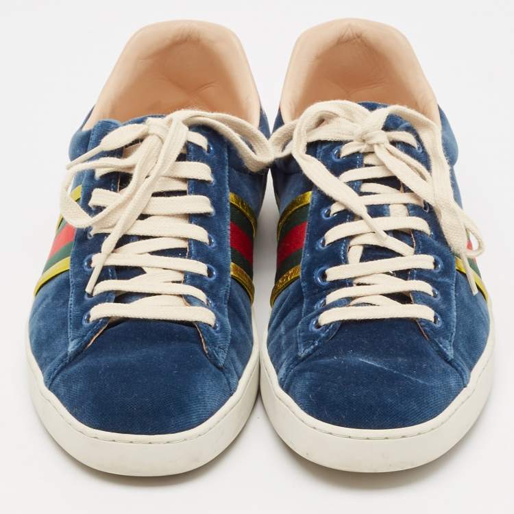 Pre Owned Gucci Blue Velvet And Leather Web Detail Ace Sneakers Size 44