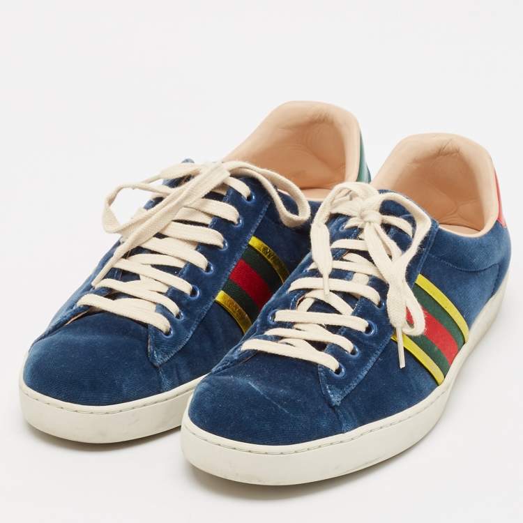 Pre Owned Gucci Blue Velvet And Leather Web Detail Ace Sneakers Size 44