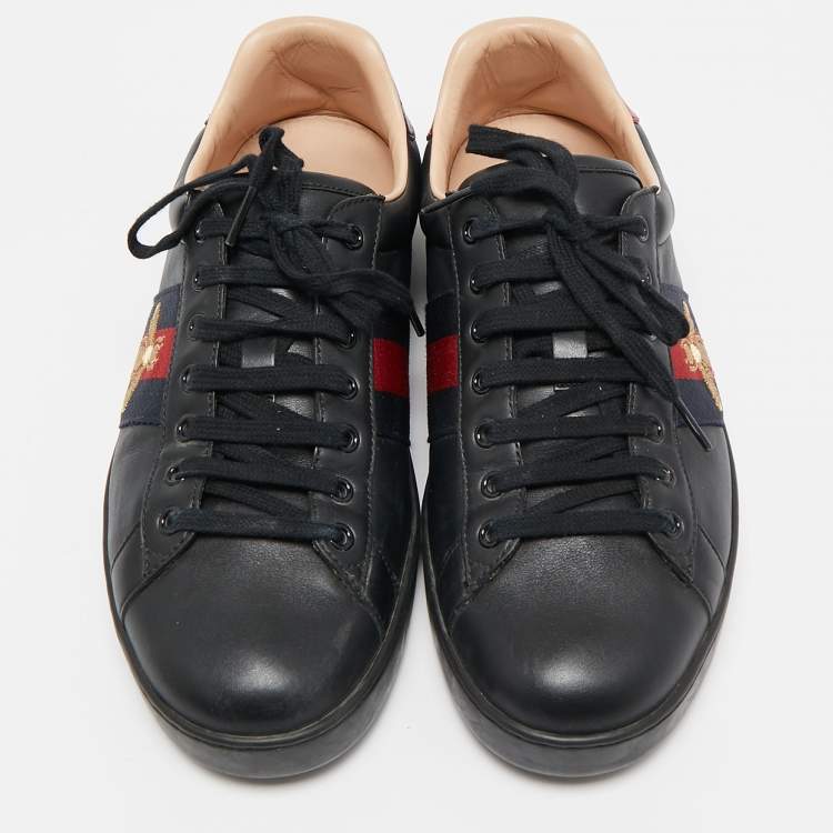 Pre Owned Gucci Black Leather Bee Embroidered Ace Sneakers Size 43.5