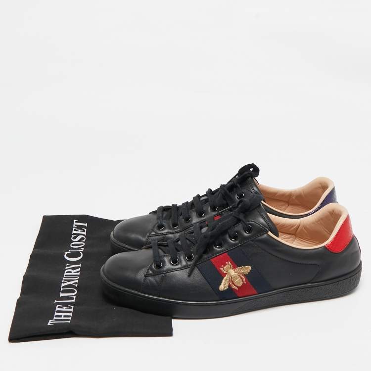 Pre Owned Gucci Black Leather Bee Embroidered Ace Sneakers Size 43.5