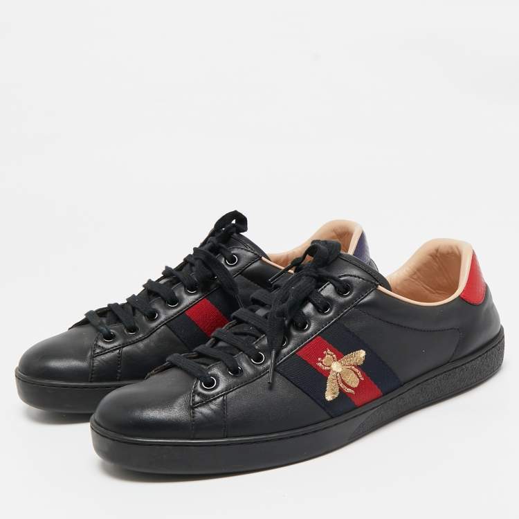 Pre Owned Gucci Black Leather Bee Embroidered Ace Sneakers Size 43.5