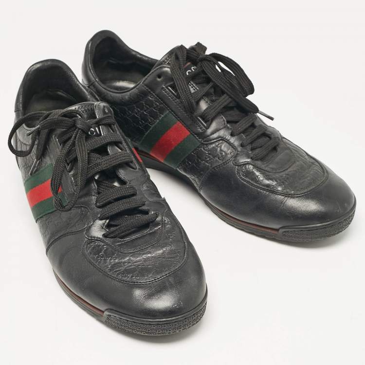 Pre Owned Gucci Black Guccissima Leather Web Low Top Sneakers Size 43.5