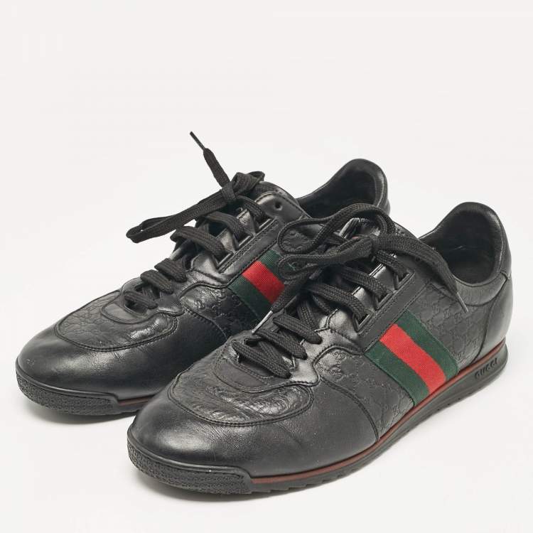 Pre Owned Gucci Black Guccissima Leather Web Low Top Sneakers Size 43.5