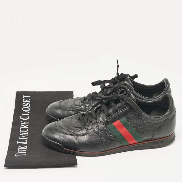 Pre Owned Gucci Black Guccissima Leather Web Low Top Sneakers Size 43.5