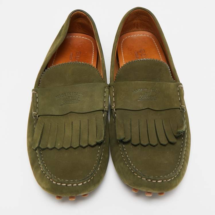 Pre Owned Gucci Green Suede Fringe Slip On Loafers Size 42