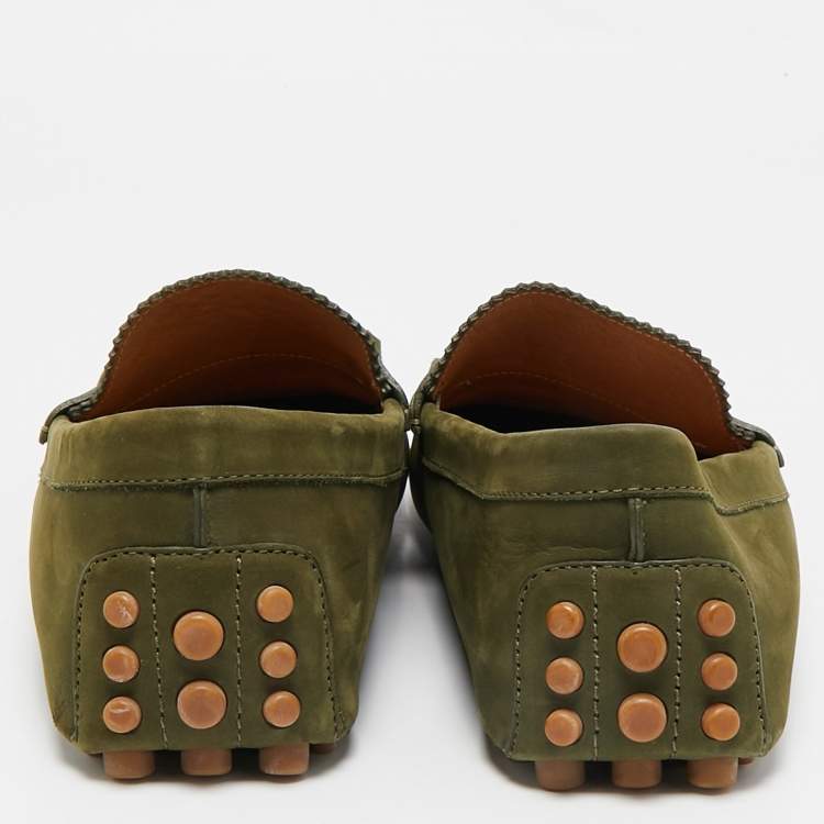 Pre Owned Gucci Green Suede Fringe Slip On Loafers Size 42