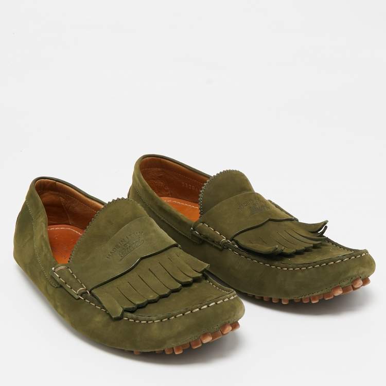 Pre Owned Gucci Green Suede Fringe Slip On Loafers Size 42