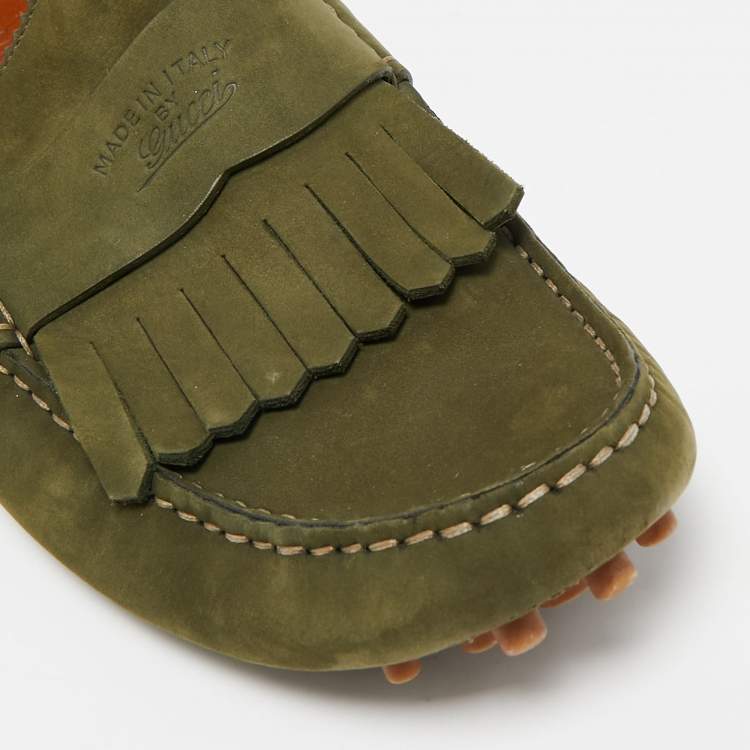 Pre Owned Gucci Green Suede Fringe Slip On Loafers Size 42