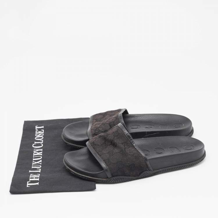 مملوكة مسبقًا Gucci Black GG Canvas and Leather Flat Slides Size 41