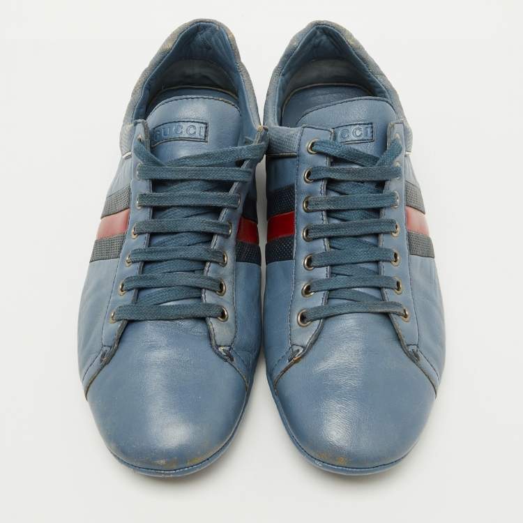 Pre Owned Gucci Blue Leather Web Detail Low Top Sneakers Size 44