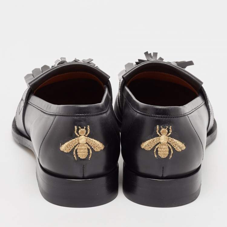 مملوكة مسبقًا Gucci Black Leather Bee Embroidered Fringe Loafers Size 41