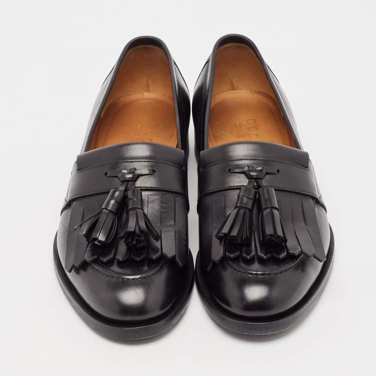 مملوكة مسبقًا Gucci Black Leather Bee Embroidered Fringe Loafers Size 41