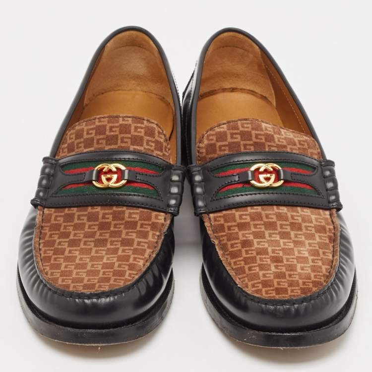 مملوكة مسبقًا Gucci Black/Brown Canvas and Leather Interlocking G Logo Leather Loafers  Size 43