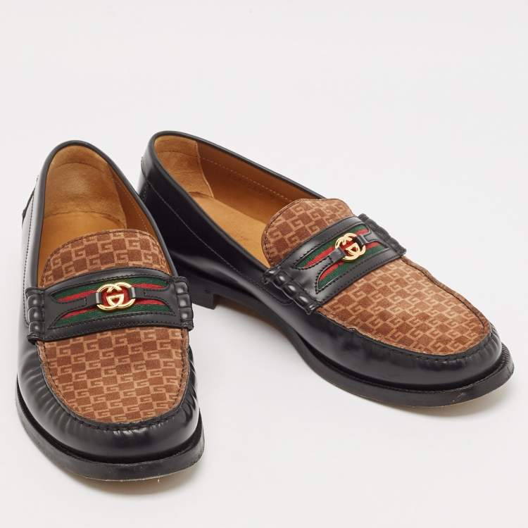 مملوكة مسبقًا Gucci Black/Brown Canvas and Leather Interlocking G Logo Leather Loafers  Size 43