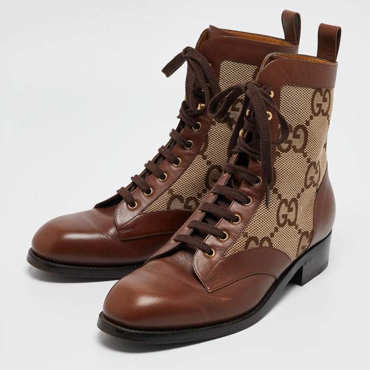 Pre Owned Gucci Beige/Brown Jumbo GG Canvas and Leather Ankle Boots Size 42.5