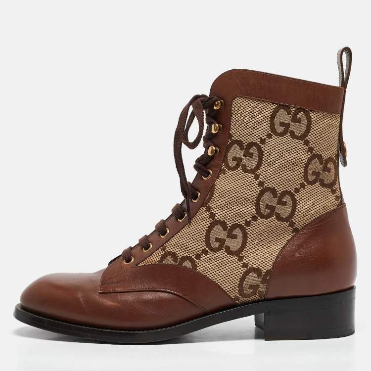 Pre Owned Gucci Beige/Brown Jumbo GG Canvas and Leather Ankle Boots Size 42.5