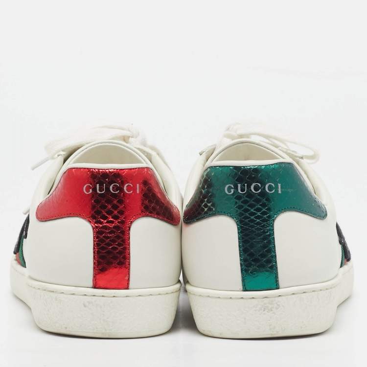 مملوكة مسبقًا Gucci White Leather and Snakeskin Embossed Leather Ace Lace Up Sneakers Size 43.5
