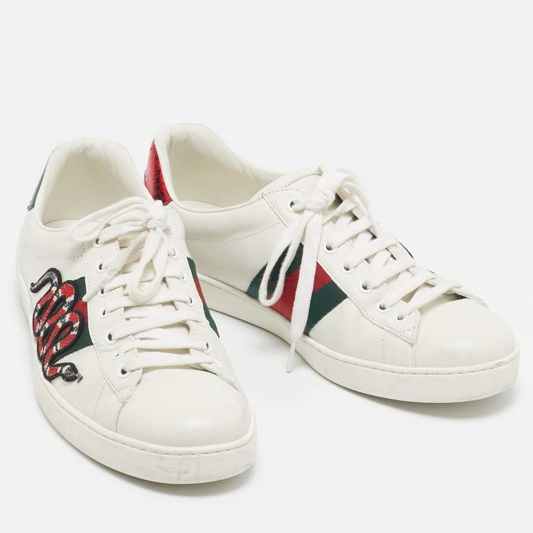 مملوكة مسبقًا Gucci White Leather and Snakeskin Embossed Leather Ace Lace Up Sneakers Size 43.5