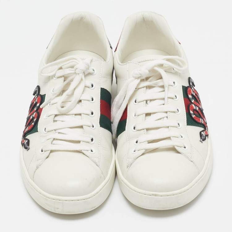 مملوكة مسبقًا Gucci White Leather and Snakeskin Embossed Leather Ace Lace Up Sneakers Size 43.5