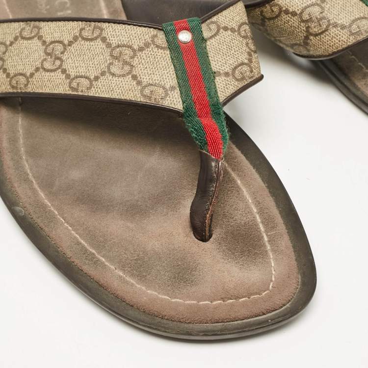 Pre Owned Gucci Brown/Beige Canvas and Leather Thong Sandals Size 42
