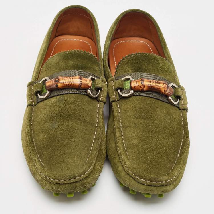 Pre Owned Gucci Green Suede Bamboo Horsebit Loafers Size 44