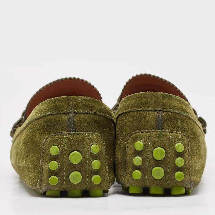 Pre Owned Gucci Green Suede Bamboo Horsebit Loafers Size 44